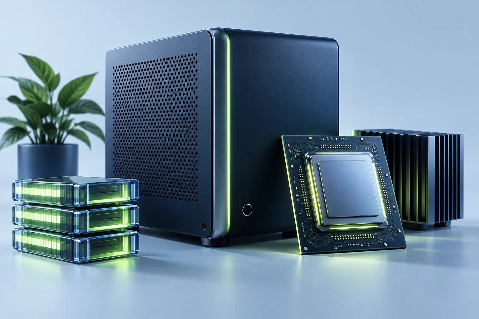 Illustration eines kompakten Computers mit Prozessor und leuchtenden Datenmodulen